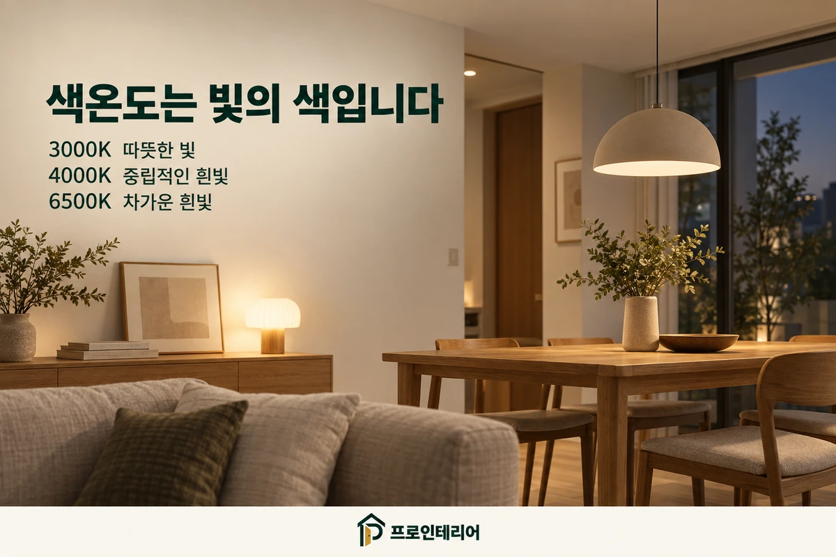 따뜻한 식탁 조명이 있는 실내와 3000K·4000K·6500K 색온도 설명
