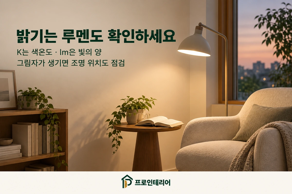 독서등과 책이 놓인 공간의 색온도·광속·조명 위치 확인 안내