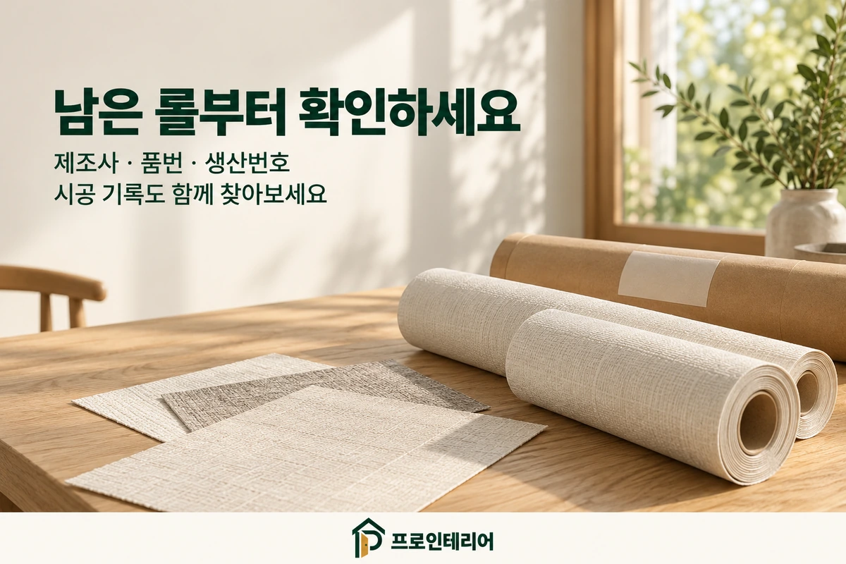 남은 벽지 롤과 견본을 보여주는 제조사·품번·생산번호 확인 안내