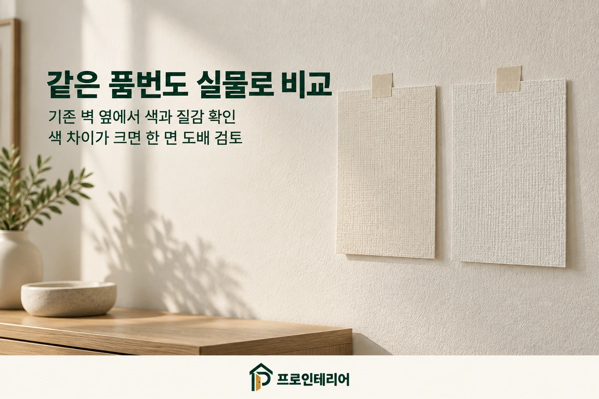 기존 벽에 붙인 벽지 견본의 색과 질감을 실물로 비교하는 안내