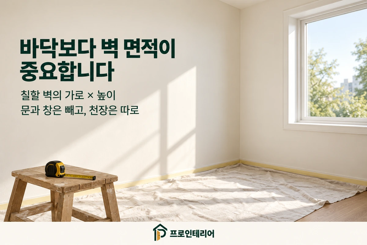 도장 준비된 방의 벽과 창문을 보여주는 벽 면적·천장 별도 계산 안내